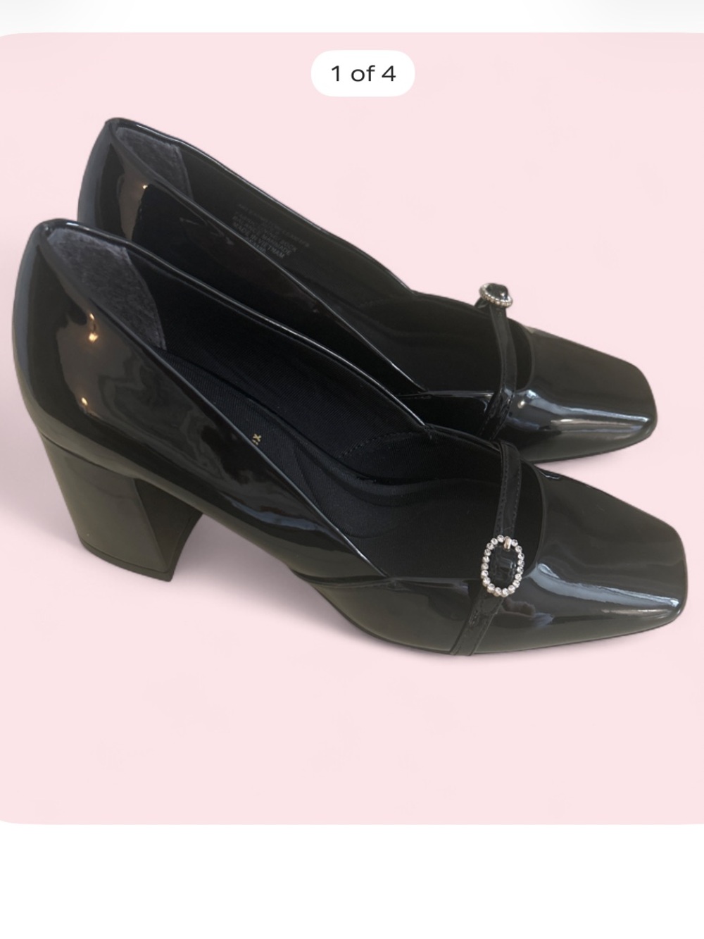 New Anne Klein iflex black
patent leablock heel court shoes